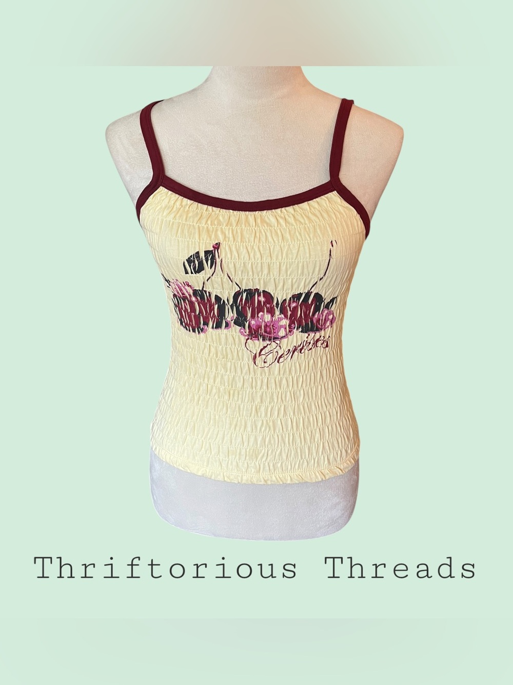 Urban Outfitters Yellow Smocked Camisole with Burgundy Trim and Cherry Graphic - Picture 2 of 4